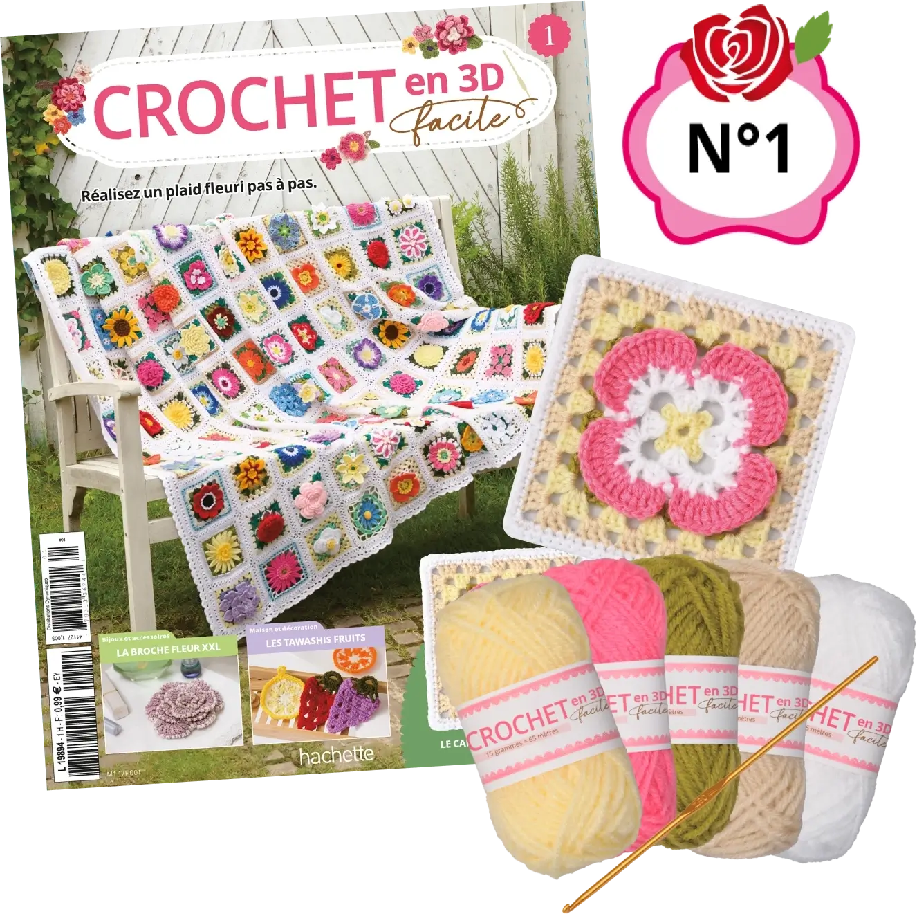 Le N°1 : Le fascicule + 5 pelotes + 1 crochet pour réaliser votre carré fleur de cornouiller